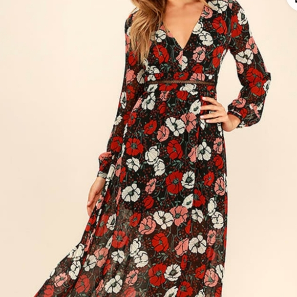 Lulus Parade of Poppies Black and Red Floral Print Maxi Dress Sz M Whimsigoth - Picture 1 of 14